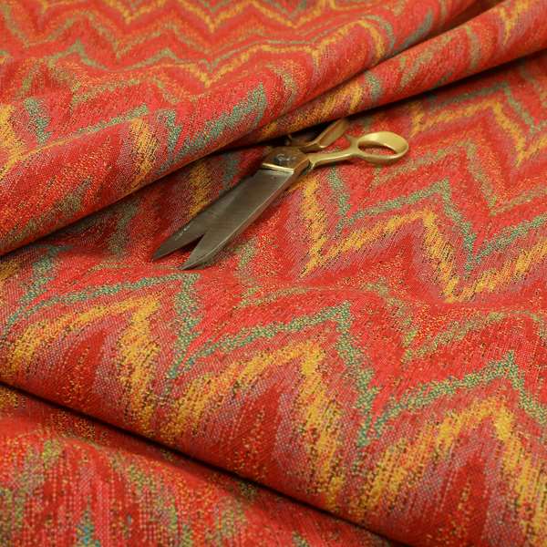 Ipoh Collection Of Chevron Striped Heavyweight Chenille Red Multi Colour Upholstery Fabric CTR-351