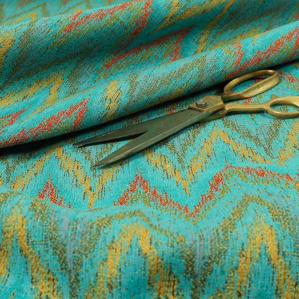 Ipoh Collection Of Chevron Striped Heavyweight Chenille Teal Multi Colour Upholstery Fabric CTR-355