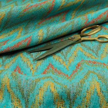 Ipoh Collection Of Chevron Striped Heavyweight Chenille Teal Multi Colour Upholstery Fabric CTR-355