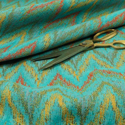 Ipoh Collection Of Chevron Striped Heavyweight Chenille Teal Multi Colour Upholstery Fabric CTR-355 - Made To Measure Curtains