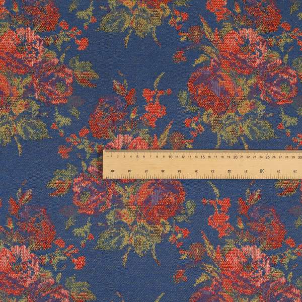 Kuala Collection Of Floral Pattern Heavyweight Chenille Blue Colour Upholstery Fabric CTR-356 - Roman Blinds