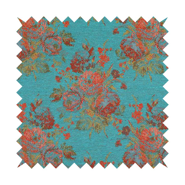 Kuala Collection Of Floral Pattern Heavyweight Chenille Teal Blue Colour Upholstery Fabric CTR-360 - Roman Blinds