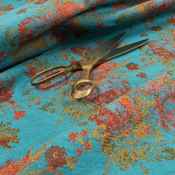 Kuala Collection Of Floral Pattern Heavyweight Chenille Teal Blue Colour Upholstery Fabric CTR-360 - Roman Blinds