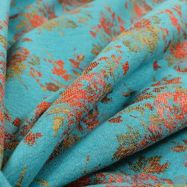 Kuala Collection Of Floral Pattern Heavyweight Chenille Teal Blue Colour Upholstery Fabric CTR-360 - Made To Measure Curtains