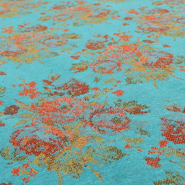 Kuala Collection Of Floral Pattern Heavyweight Chenille Teal Blue Colour Upholstery Fabric CTR-360 - Roman Blinds