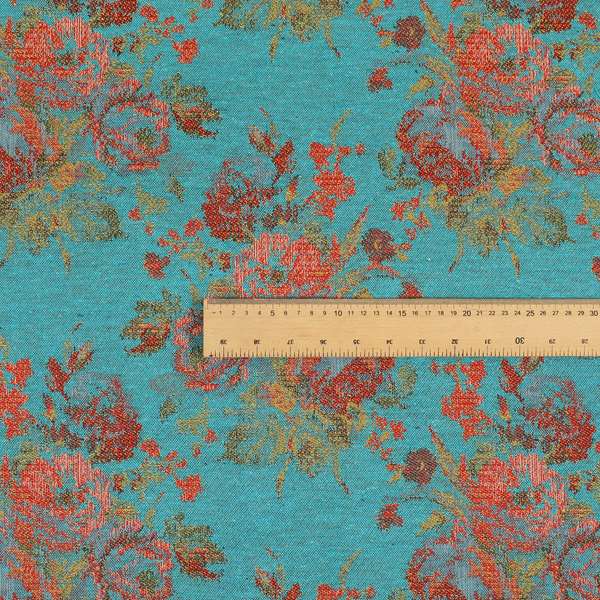 Kuala Collection Of Floral Pattern Heavyweight Chenille Teal Blue Colour Upholstery Fabric CTR-360 - Roman Blinds