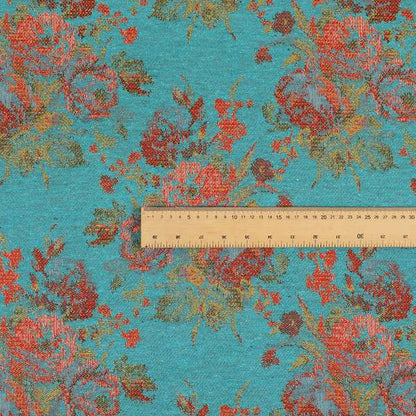 Kuala Collection Of Floral Pattern Heavyweight Chenille Teal Blue Colour Upholstery Fabric CTR-360