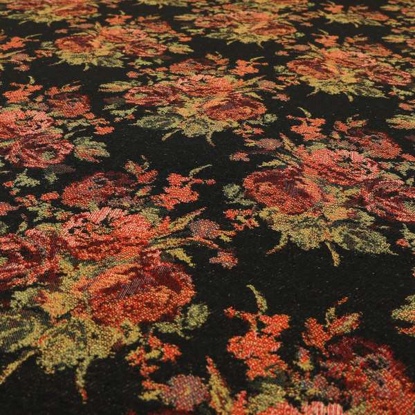 Kuala Collection Of Floral Pattern Heavyweight Chenille Black Colour Upholstery Fabric CTR-362