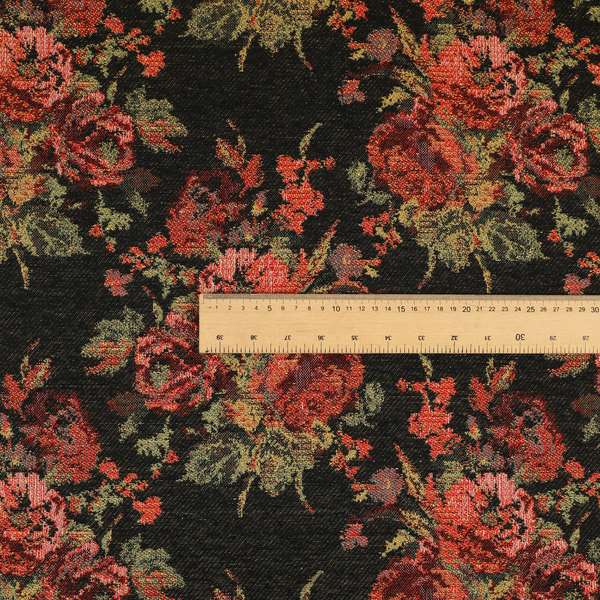 Kuala Collection Of Floral Pattern Heavyweight Chenille Black Colour Upholstery Fabric CTR-362 - Roman Blinds