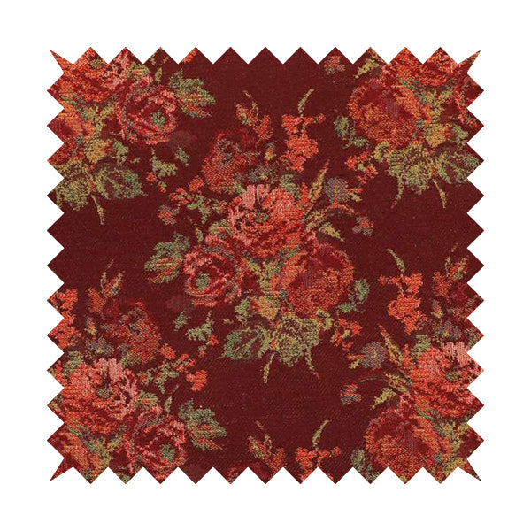 Kuala Collection Of Floral Pattern Heavyweight Chenille Burgundy Red Colour Upholstery Fabric CTR-363 - Roman Blinds