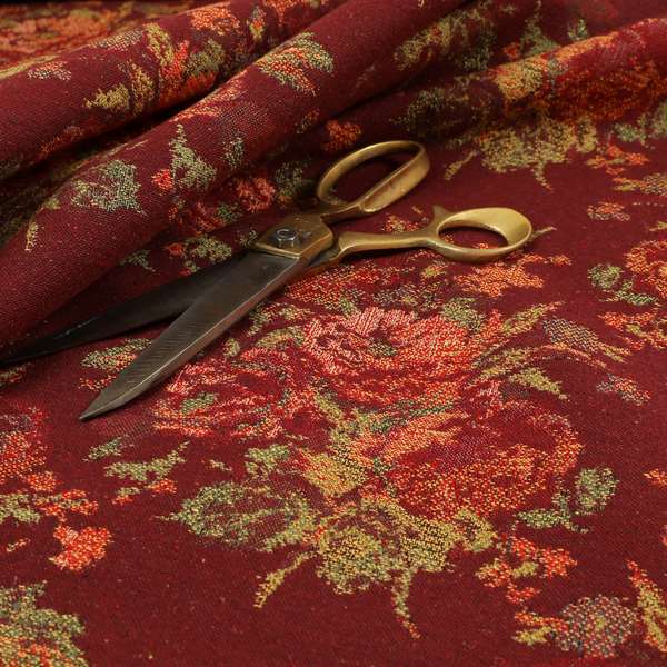 Kuala Collection Of Floral Pattern Heavyweight Chenille Burgundy Red Colour Upholstery Fabric CTR-363