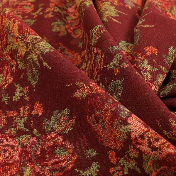 Kuala Collection Of Floral Pattern Heavyweight Chenille Burgundy Red Colour Upholstery Fabric CTR-363 - Roman Blinds