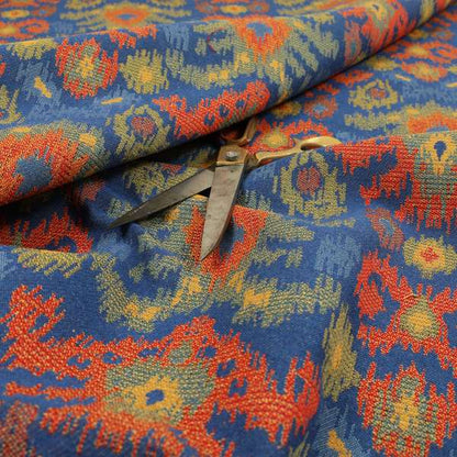 Lombok Collection Of Damask Ikat Pattern Heavyweight Chenille Blue Colour Upholstery Fabric CTR-365 - Roman Blinds