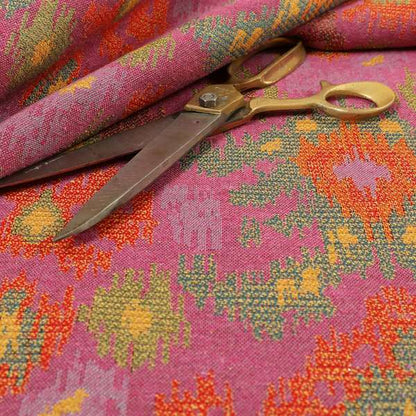 Lombok Collection Of Damask Ikat Pattern Heavyweight Chenille Pink Colour Upholstery Fabric CTR-366 - Roman Blinds