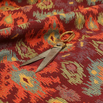 Lombok Collection Of Damask Ikat Pattern Heavyweight Chenille Burgundy Red Colour Upholstery Fabric CTR-367 - Made To Measure Curtains