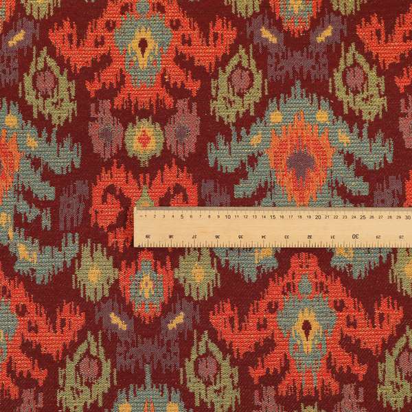 Lombok Collection Of Damask Ikat Pattern Heavyweight Chenille Burgundy Red Colour Upholstery Fabric CTR-367