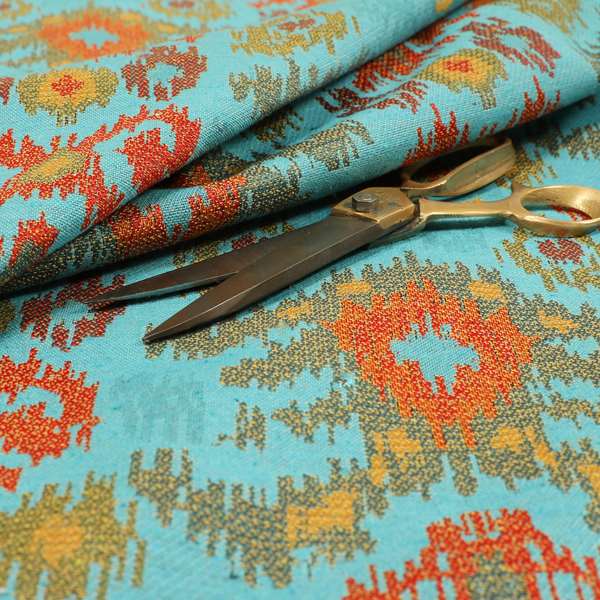 Lombok Collection Of Damask Ikat Pattern Heavyweight Chenille Burgundy Teal Colour Upholstery Fabric CTR-369 - Roman Blinds