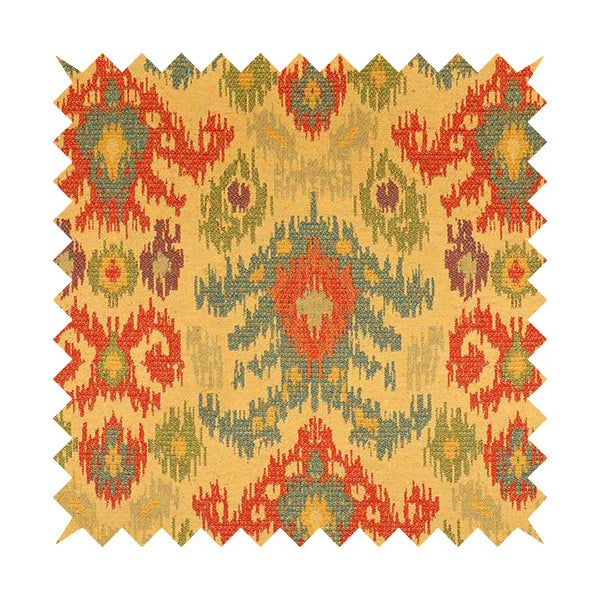 Lombok Collection Of Damask Ikat Pattern Heavyweight Chenille Burgundy Yellow Colour Upholstery Fabric CTR-370 - Made To Measure Curtains