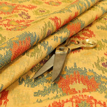 Lombok Collection Of Damask Ikat Pattern Heavyweight Chenille Burgundy Yellow Colour Upholstery Fabric CTR-370 - Roman Blinds