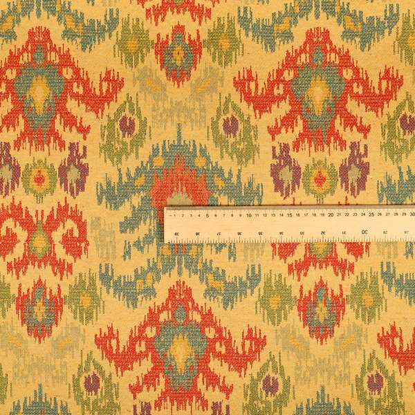Lombok Collection Of Damask Ikat Pattern Heavyweight Chenille Burgundy Yellow Colour Upholstery Fabric CTR-370