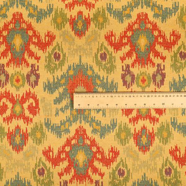 Lombok Collection Of Damask Ikat Pattern Heavyweight Chenille Burgundy Yellow Colour Upholstery Fabric CTR-370 - Made To Measure Curtains