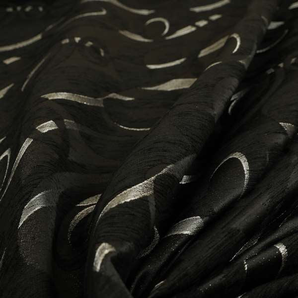 Japura Collection Of Shiny Swirl Pattern Weaves In Black Silver Chenille Colour Upholstery Fabric CTR-372 - Roman Blinds