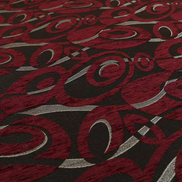 Japura Collection Of Shiny Swirl Pattern Weaves In Burgundy Silver Chenille Colour Upholstery Fabric CTR-374