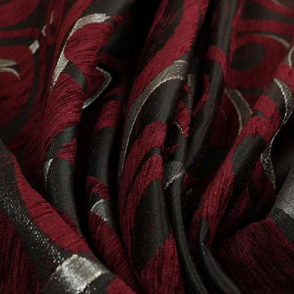 Japura Collection Of Shiny Swirl Pattern Weaves In Burgundy Silver Chenille Colour Upholstery Fabric CTR-374 - Made To Measure Curtains