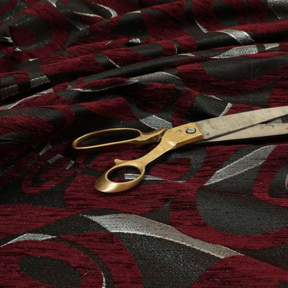 Japura Collection Of Shiny Swirl Pattern Weaves In Burgundy Silver Chenille Colour Upholstery Fabric CTR-374 - Roman Blinds