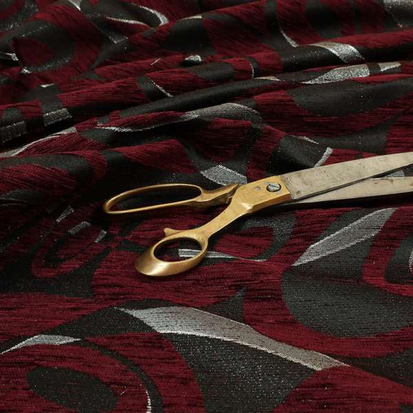 Japura Collection Of Shiny Swirl Pattern Weaves In Burgundy Silver Chenille Colour Upholstery Fabric CTR-374