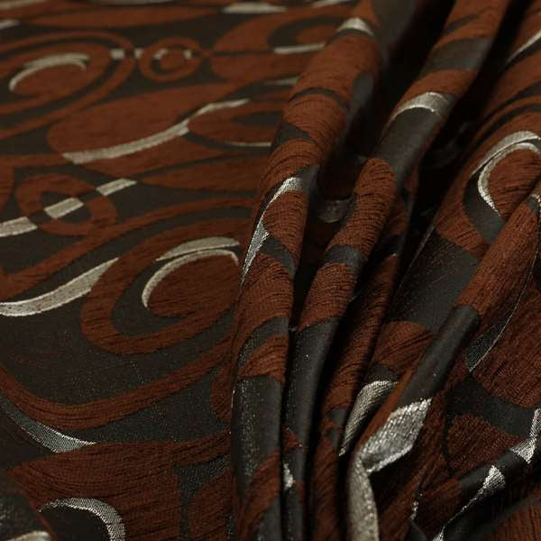 Japura Collection Of Shiny Swirl Pattern Weaves In Brown Silver Chenille Colour Upholstery Fabric CTR-375 - Made To Measure Curtains