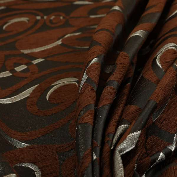 Japura Collection Of Shiny Swirl Pattern Weaves In Brown Silver Chenille Colour Upholstery Fabric CTR-375