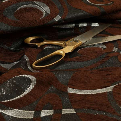 Japura Collection Of Shiny Swirl Pattern Weaves In Brown Silver Chenille Colour Upholstery Fabric CTR-375