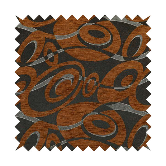 Japura Collection Of Shiny Swirl Pattern Weaves In Burnt Orange Silver Chenille Colour Upholstery Fabric CTR-377