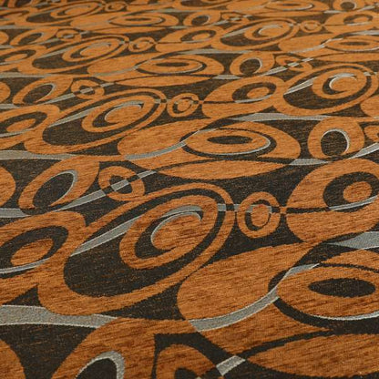 Japura Collection Of Shiny Swirl Pattern Weaves In Burnt Orange Silver Chenille Colour Upholstery Fabric CTR-377