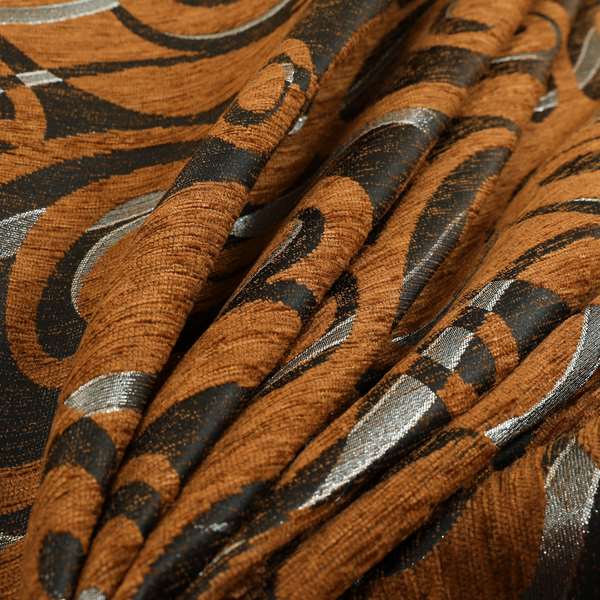 Japura Collection Of Shiny Swirl Pattern Weaves In Burnt Orange Silver Chenille Colour Upholstery Fabric CTR-377