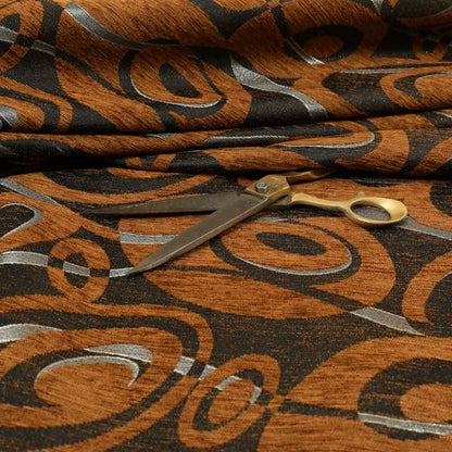 Japura Collection Of Shiny Swirl Pattern Weaves In Burnt Orange Silver Chenille Colour Upholstery Fabric CTR-377