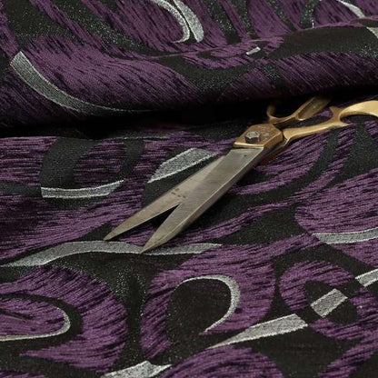 Japura Collection Of Shiny Swirl Pattern Weaves In Purple Silver Chenille Colour Upholstery Fabric CTR-378 - Made To Measure Curtains