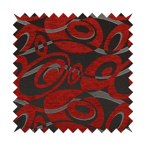 Japura Collection Of Shiny Swirl Pattern Weaves In Red Silver Chenille Colour Upholstery Fabric CTR-379