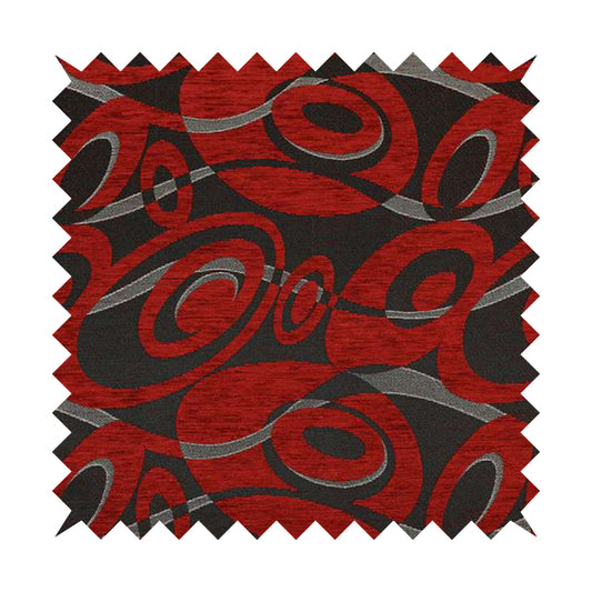 Japura Collection Of Shiny Swirl Pattern Weaves In Red Silver Chenille Colour Upholstery Fabric CTR-379