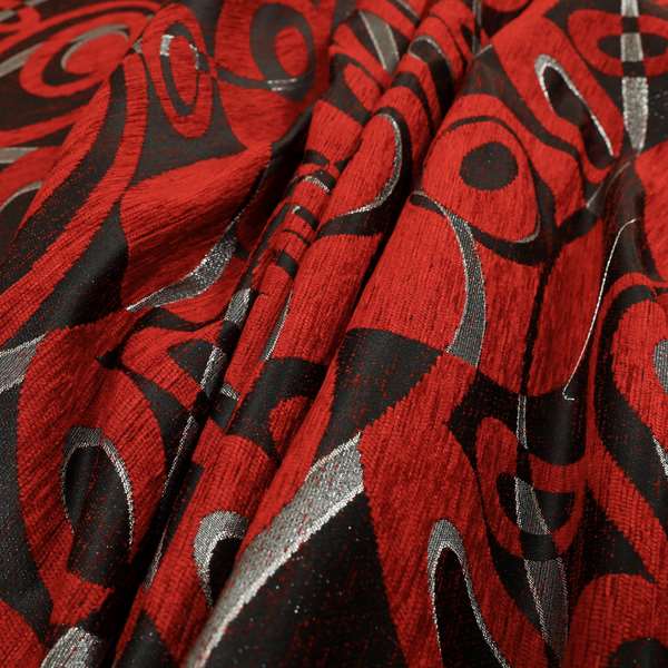 Japura Collection Of Shiny Swirl Pattern Weaves In Red Silver Chenille Colour Upholstery Fabric CTR-379 - Roman Blinds