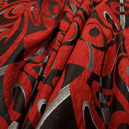 Japura Collection Of Shiny Swirl Pattern Weaves In Red Silver Chenille Colour Upholstery Fabric CTR-379 - Made To Measure Curtains