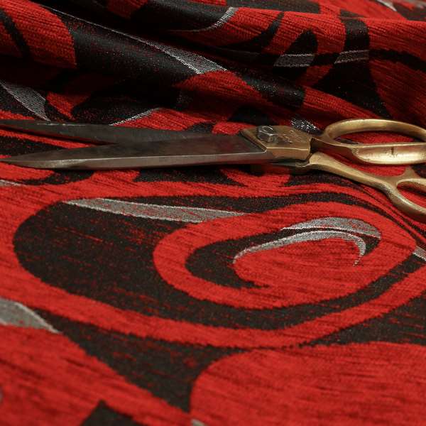 Japura Collection Of Shiny Swirl Pattern Weaves In Red Silver Chenille Colour Upholstery Fabric CTR-379 - Roman Blinds