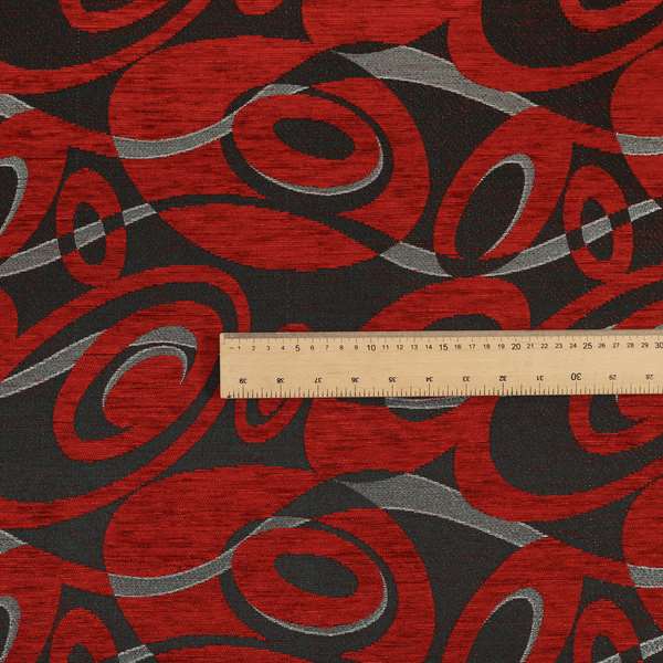 Japura Collection Of Shiny Swirl Pattern Weaves In Red Silver Chenille Colour Upholstery Fabric CTR-379 - Made To Measure Curtains