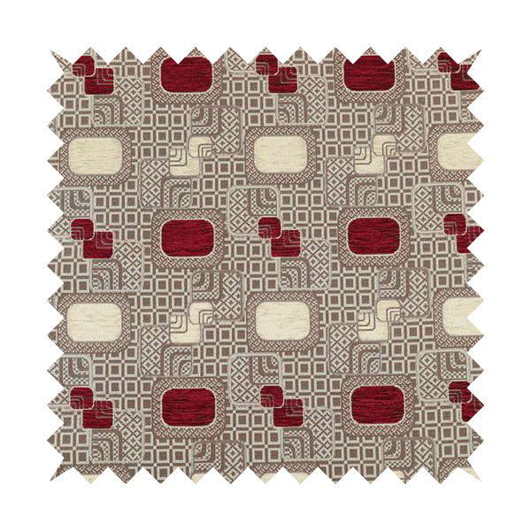 Carousel Geometric Pattern Collection Burgundy Red Beige Colour Woven Chenille Upholstery Fabric CTR-382 - Roman Blinds