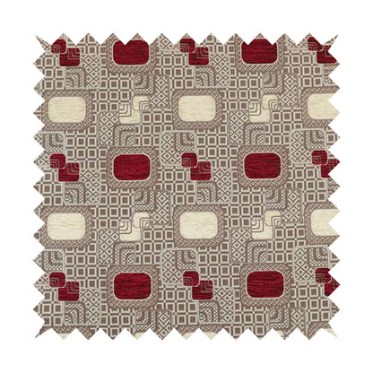 Carousel Geometric Pattern Collection Burgundy Red Beige Colour Woven Chenille Upholstery Fabric CTR-382 - Roman Blinds