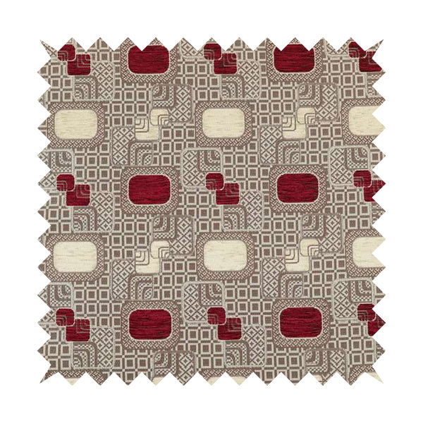Carousel Geometric Pattern Collection Burgundy Red Beige Colour Woven Chenille Upholstery Fabric CTR-382