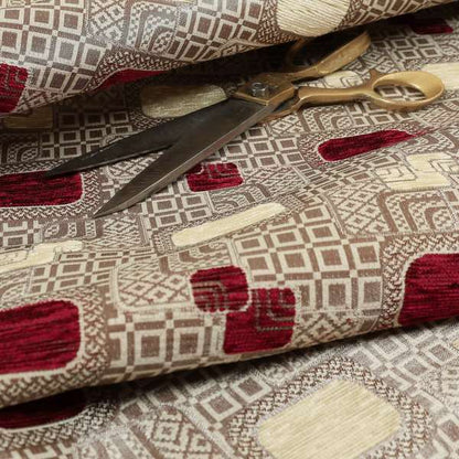 Carousel Geometric Pattern Collection Burgundy Red Beige Colour Woven Chenille Upholstery Fabric CTR-382