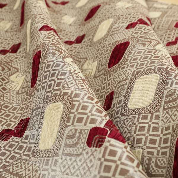 Carousel Geometric Pattern Collection Burgundy Red Beige Colour Woven Chenille Upholstery Fabric CTR-382 - Roman Blinds