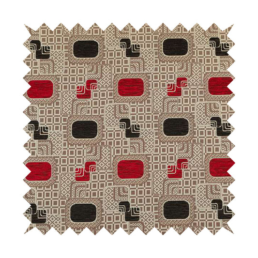 Carousel Geometric Pattern Collection Black Red Colour Woven Chenille Upholstery Fabric CTR-385